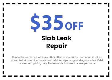$35 off slab leak repair coupon from Catalyst Air Conditioning and Plumbing, featuring promotional details and restrictions.