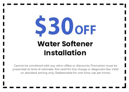 $30 off water softener installation coupon for Catalyst Air Conditioning and Plumbing, detailing promotional restrictions and validity terms.