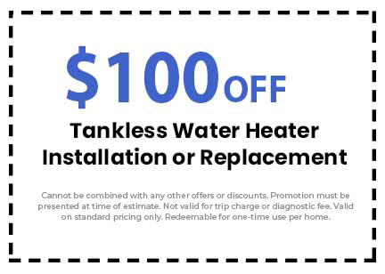 $100 off tankless water heater installation or replacement coupon from Catalyst Air Conditioning and Plumbing, promotional offer details included.