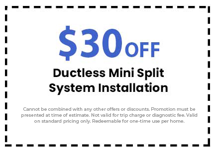 $30 off ductless mini split system installation coupon for Catalyst Air Conditioning and Plumbing, with terms and conditions noted.